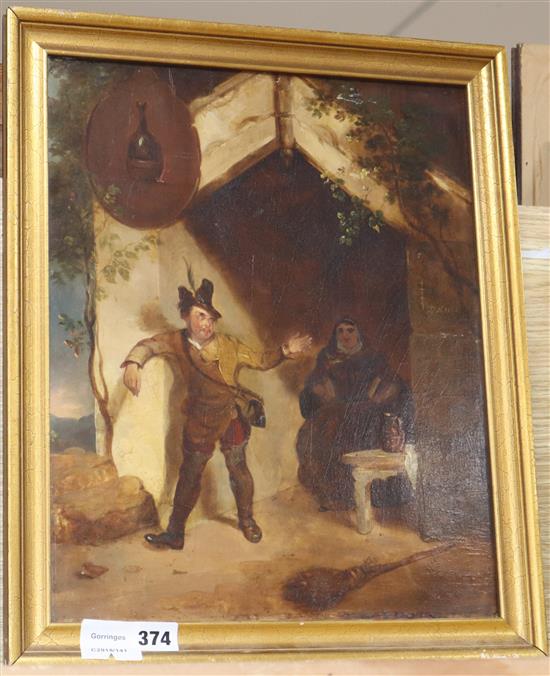 19th century English School, oil on panel, Husband and wife at a tavern doorway, 39 x 31cm